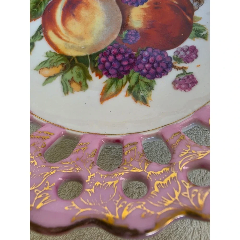 Vintage Betson Hand Painted Fruit Porcelain Bowl Pink Reticulated Gold Trim 8in